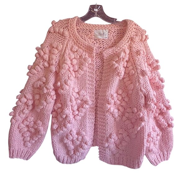 Chicwish Handmade with Love Pom Pom Heart Bobble Cardigan Sweater Womens Pink - Picture 1 of 11